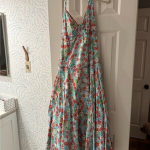 Vintage Floral Halter Strawberry Maxi Dress